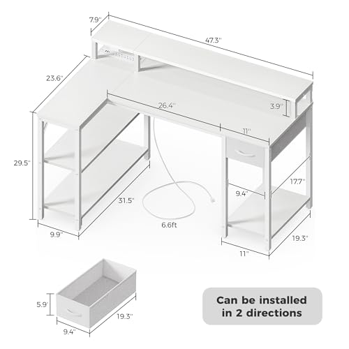 47 inch Reversible L Shaped Desk with LED Lights & Power Outlets Z696579