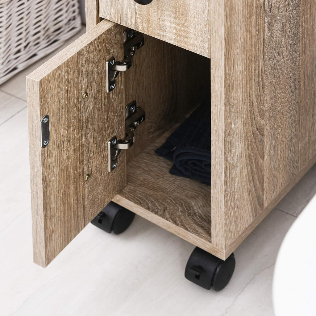 Oak Grain Color Freestanding Bathroom Cabinet with 2 Open Cabinets, 1 Door Cabinet, 1 Drawer and 4 Rolling Wheels B432600