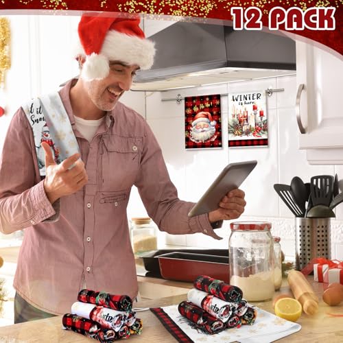 12 Pcs Christmas Kitchen Towels and Dishcloths 14.2 x 21.3 Inch Q5745
