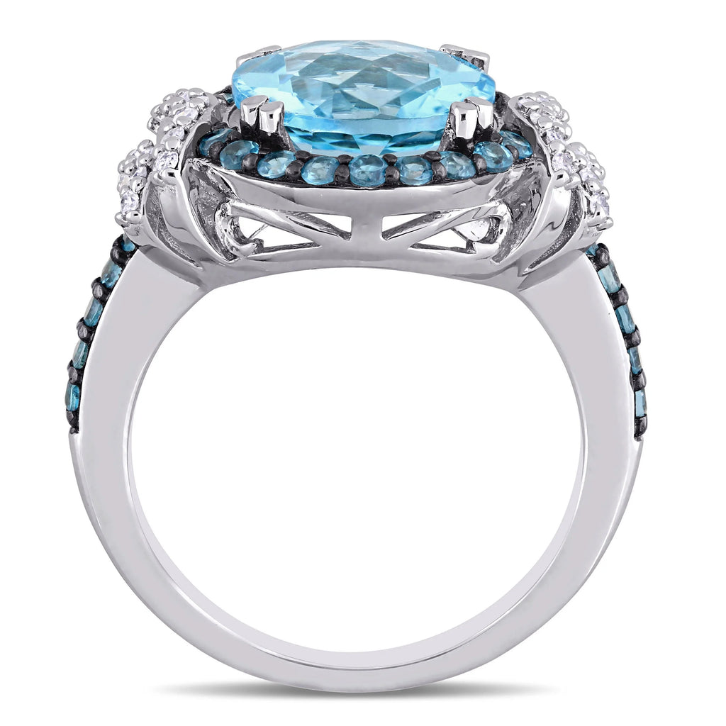 Sterling Silver Halo Bridal Set with Round Blue Topaz and Diamond E32008