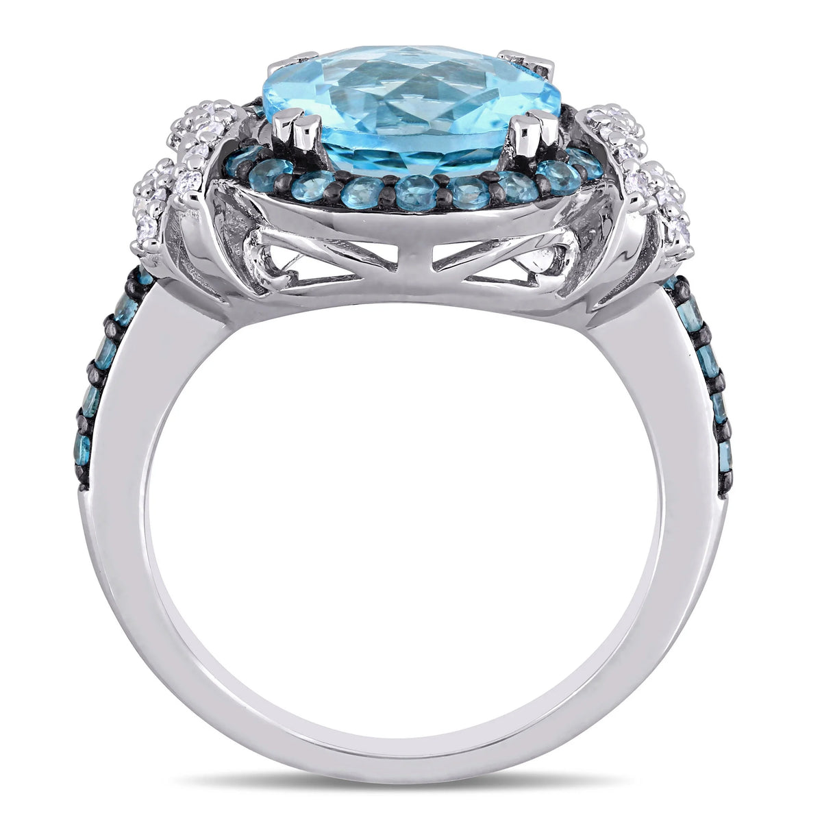 Sterling Silver Halo Bridal Set with Round Blue Topaz and Diamond E32008
