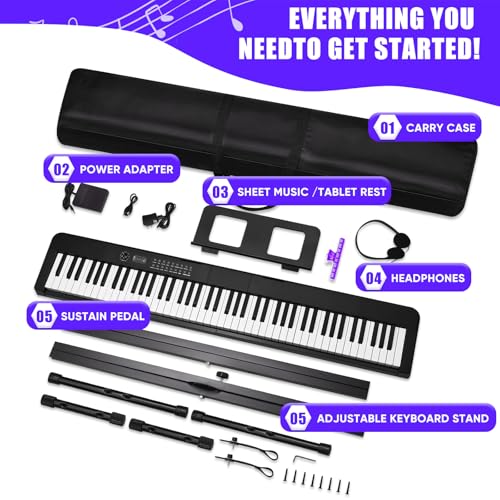 88 Key Semi Weighted Digital Piano with Music Stand, Sustain Pedal, Bluetooth, Carrying Case, Headphones Q164689