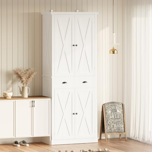 White Kitchen Pantry Storage Cabinet with Barn Doors and Drawer Q266