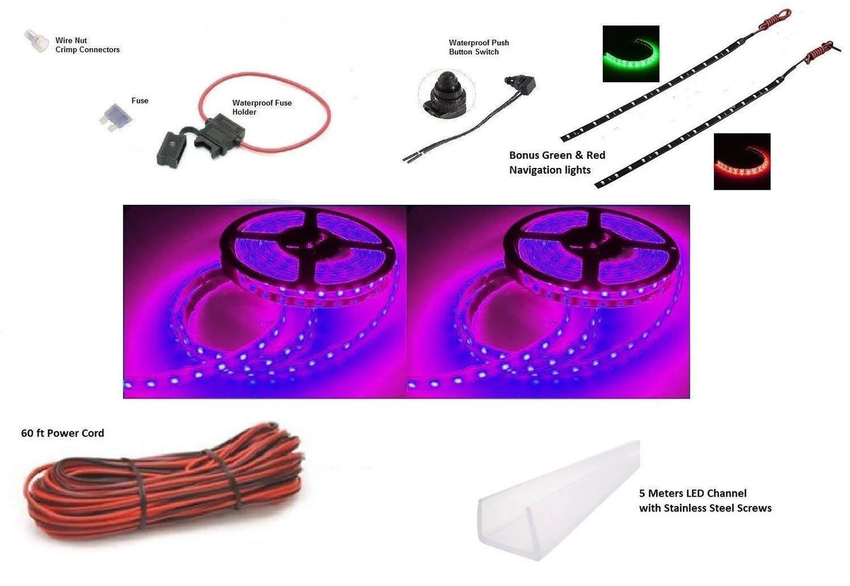 Black Light Ultraviolet (UV) LED Under Deck Lighting DIY Kit with Red & Green Navigation Lights T31600