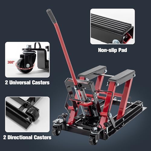 Red Hydraulic Motorcycle Lift Jack 1500 LBS Capacity, Foot-Operated Scissor Lift Table, Adjustable Height S8343