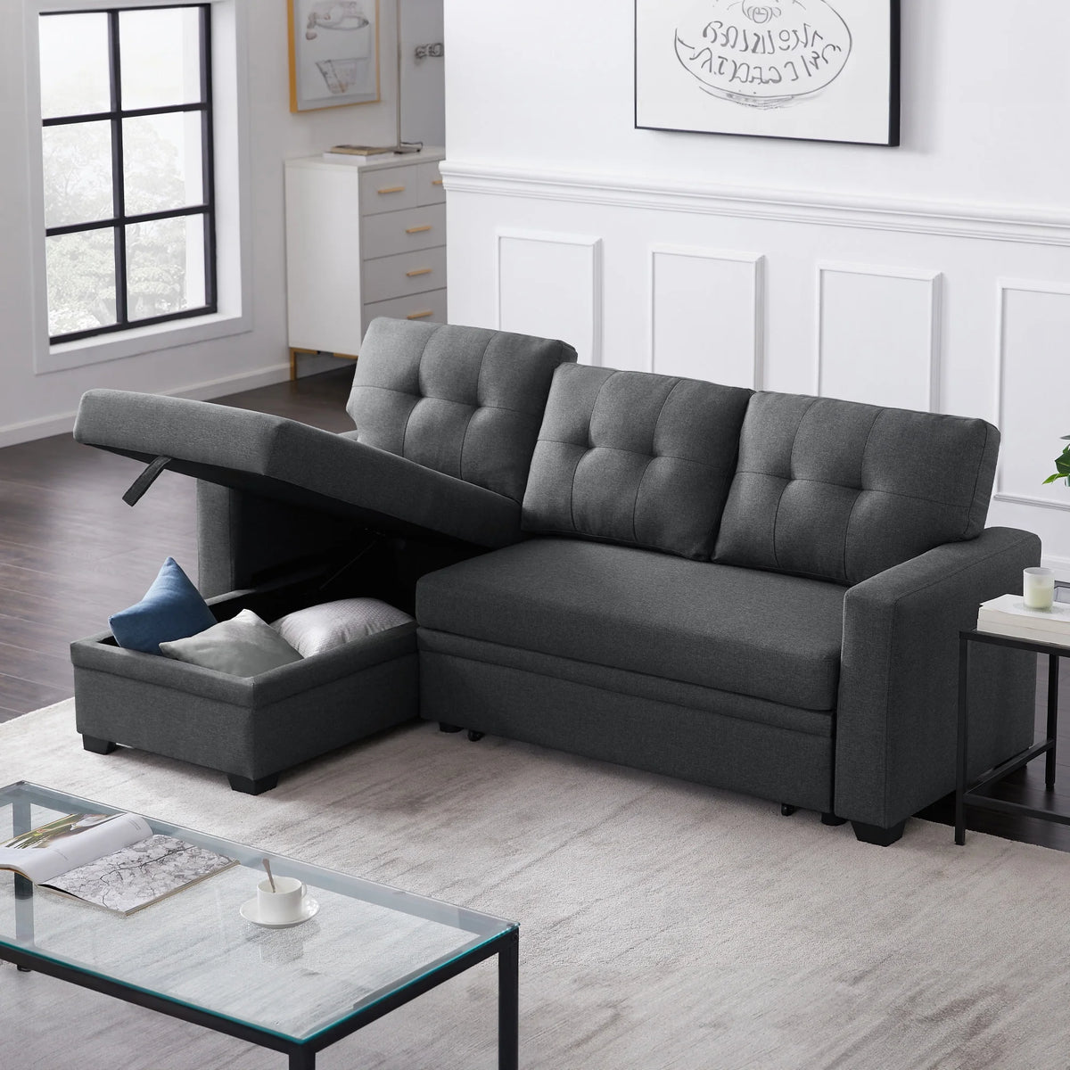 Dark Gray Linen Sleeper Sofa with Storage Chaise W228349