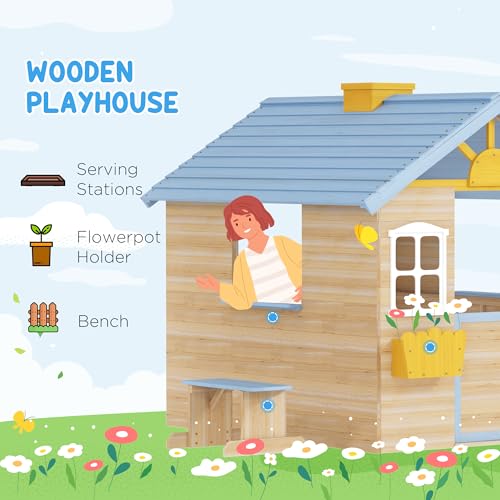 Wooden Playhouse with Working Door Windows Bench J437056