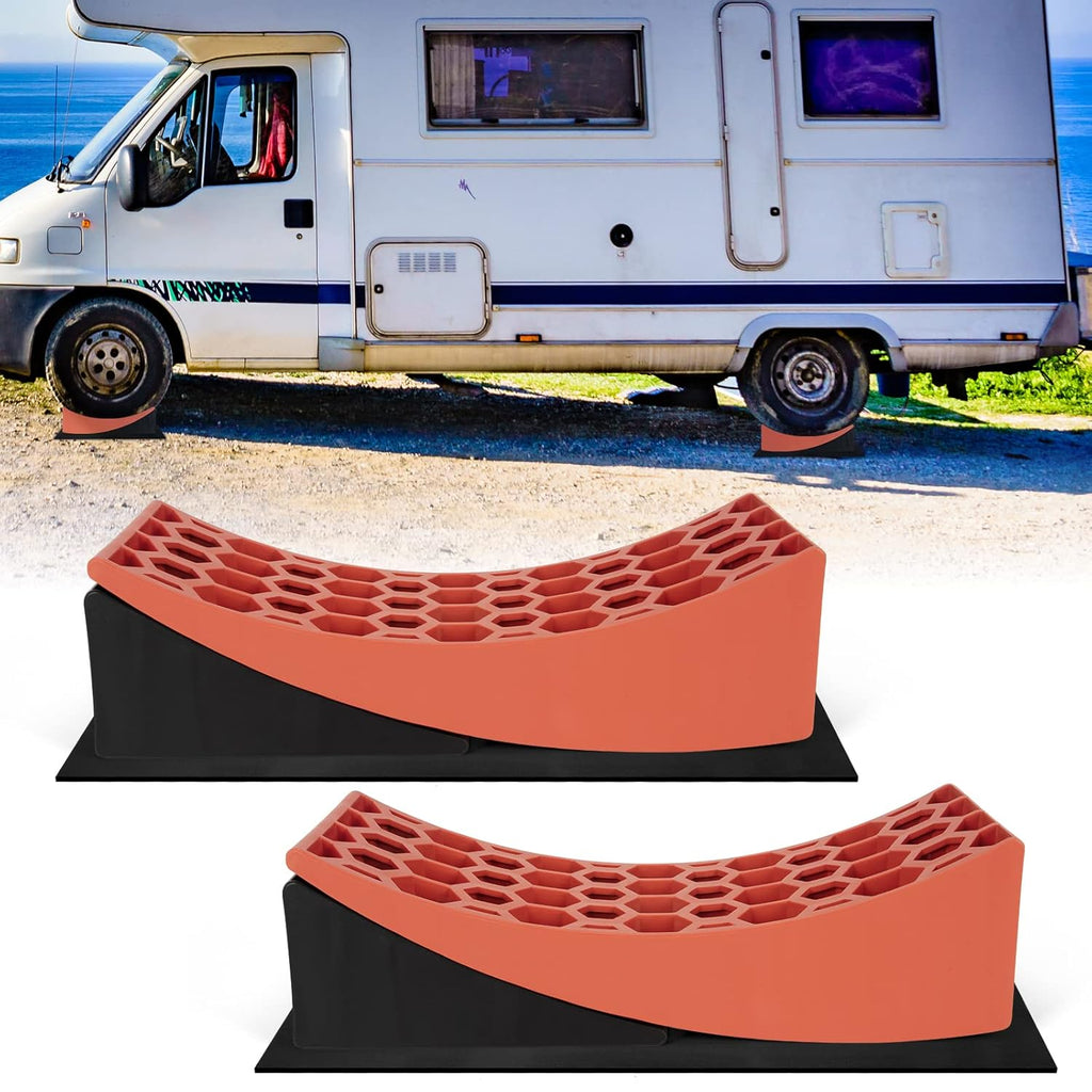 RV Camper Leveler Kit, 2 Packs Heavy Duty Curved RV Leveling Blocks Ramp Wheel Chock D8049