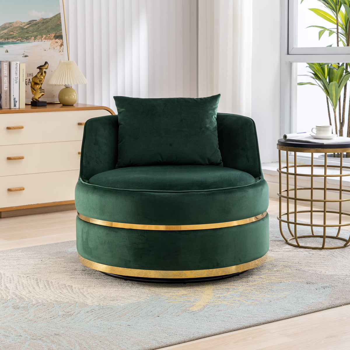 Green Velvet Round Barrel Accent Chair with Seat Cushion C5925