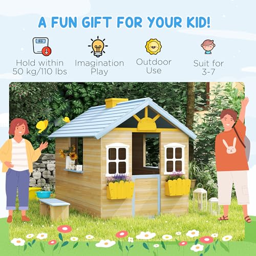 Wooden Playhouse with Working Door Windows Bench J437056