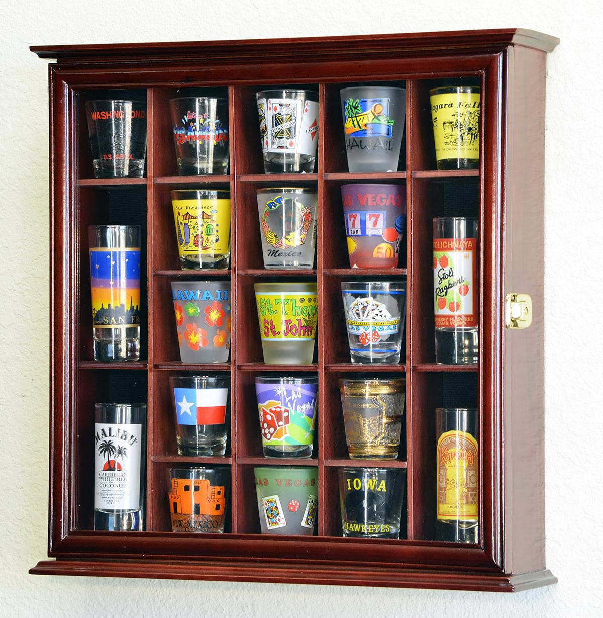 Cherry 21 Shot Glass Display Case Cabinet Wall Rack T174
