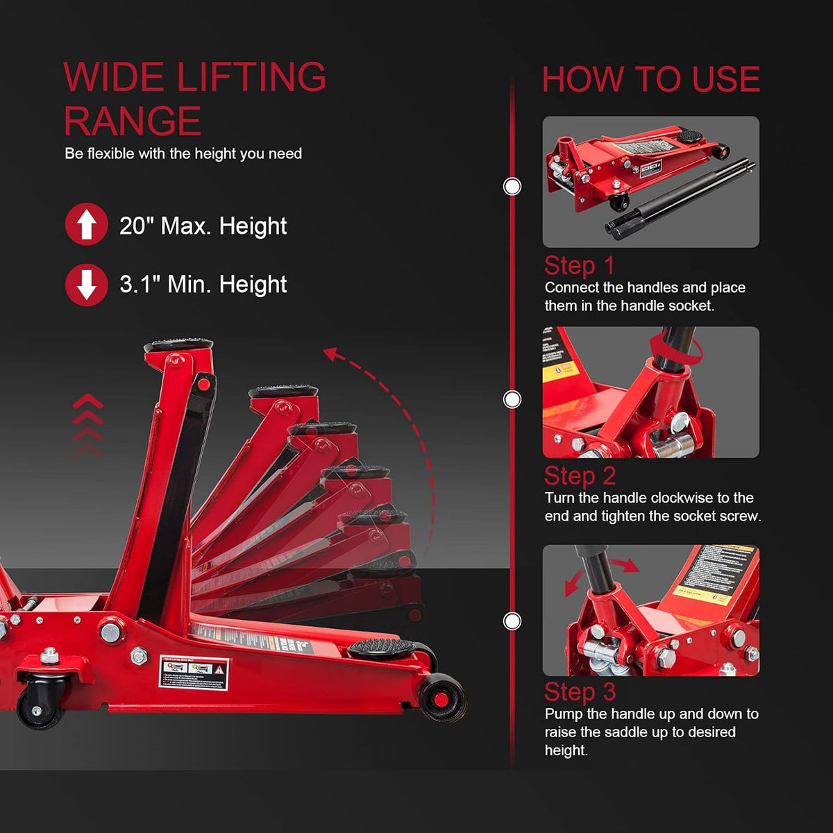 3 Ton Hydraulic Steel Floor Jack with Dual Piston Quick Lift Pump J9501