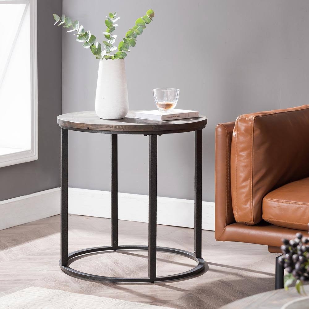 Natural Reclaimed Wood Round Industrial End Table X651554