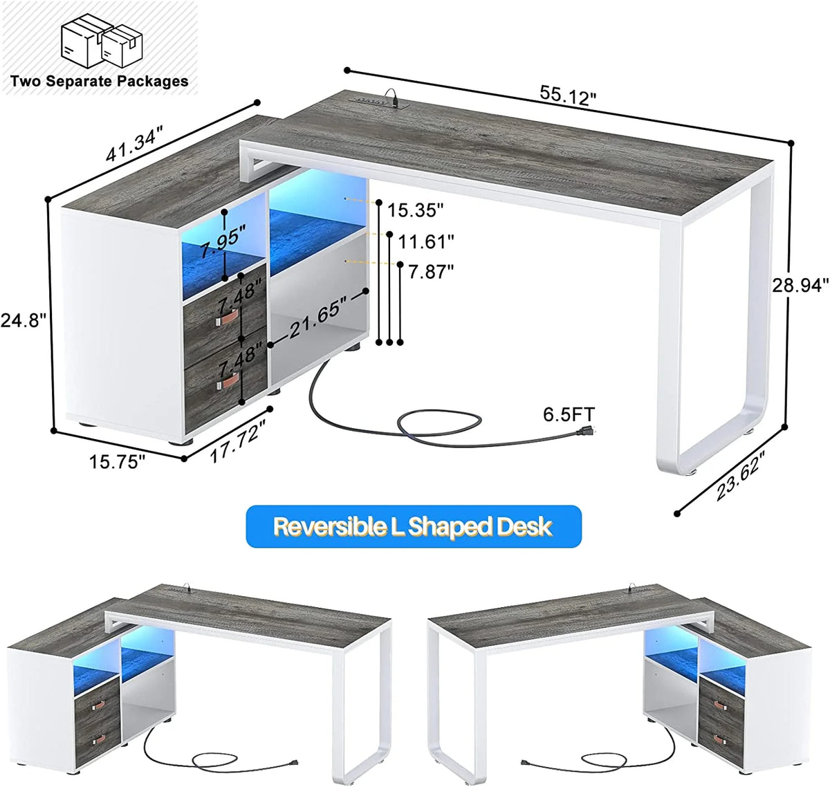 L Shaped Desk with Power Outlet and LED Strip, 55 Inch Reversible Corner Computer Desk with Drawers and Storage Shelves, Grey & White M5961