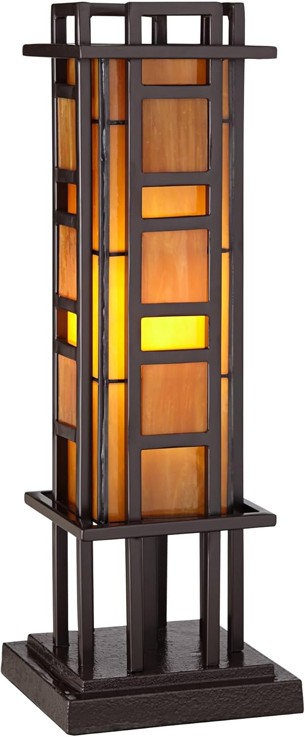 Bronze Iron Column Accent Table Lamp with Amber Stained Art Glass Y122512