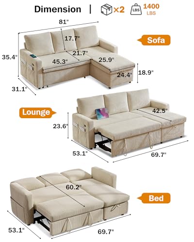 Beige Corduroy L Shaped Sleeper Sofa with Storage Chaise R116