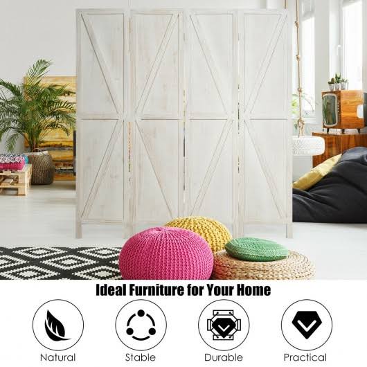 4 Panels Folding Wooden Room Divider White T669