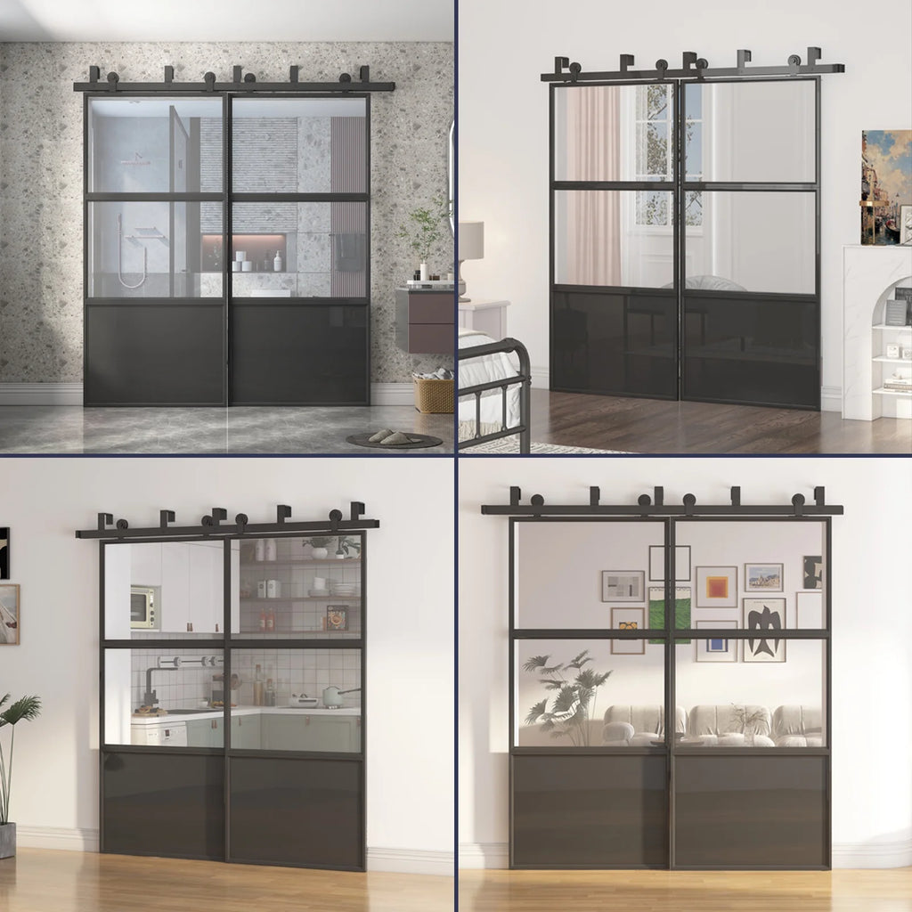 36" x 84" Frosted Tempered Glass Metal Barn Door E7346