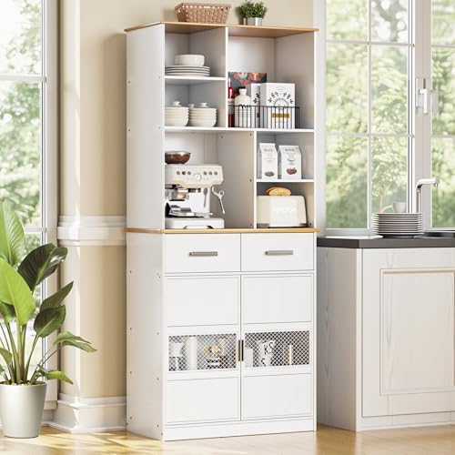 White 72'' Tall Kitchen Pantry Cabinet with Microwave Stand A48270