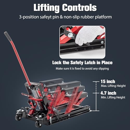 Red Hydraulic Motorcycle Lift Jack 1500 LBS Capacity, Foot-Operated Scissor Lift Table, Adjustable Height S8343
