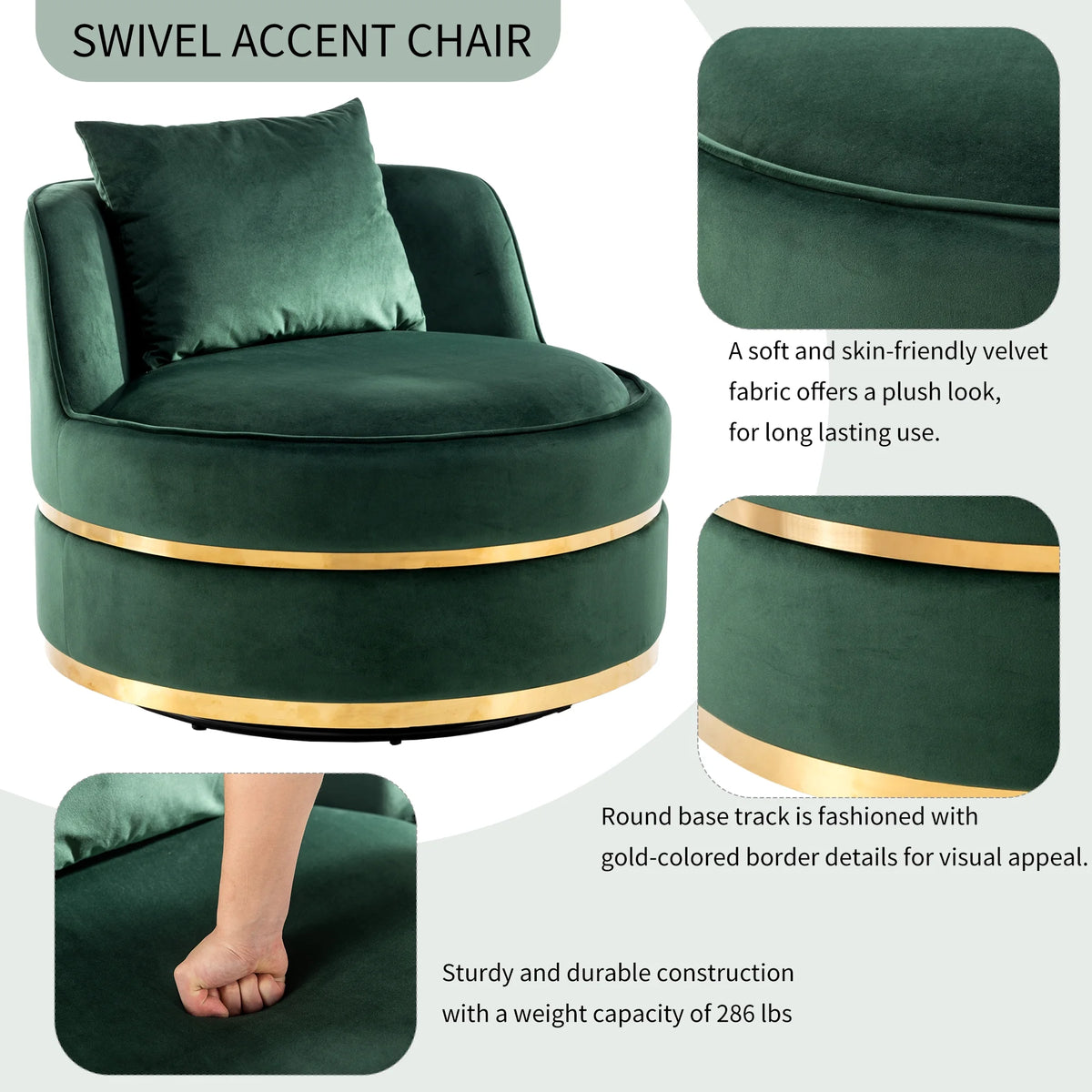 Green Velvet Round Barrel Accent Chair with Seat Cushion C5925