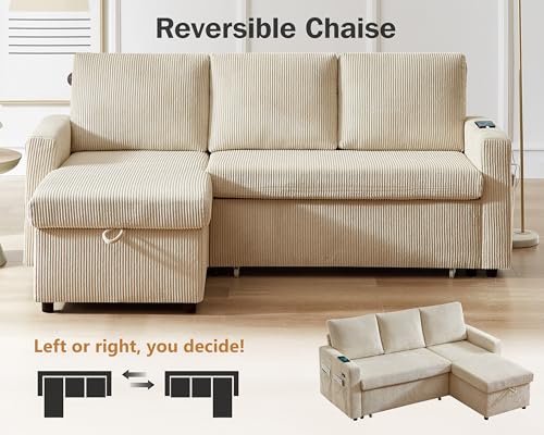 Beige Corduroy L Shaped Sleeper Sofa with Storage Chaise R116