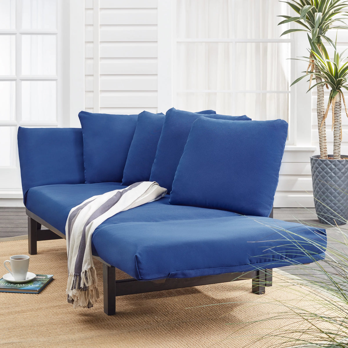 Convertible Wood Outdoor Sofa with Blue Cushions U88153