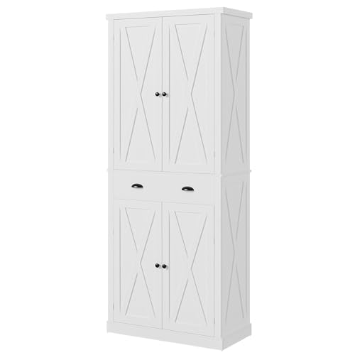 White Kitchen Pantry Storage Cabinet with Barn Doors and Drawer Q266