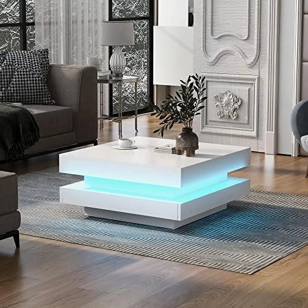 White Square Coffee Table with LED Lights H136