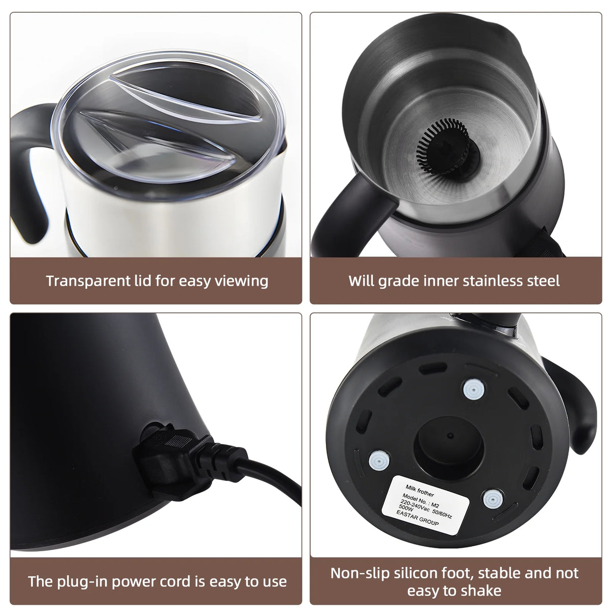 5 in 1 Electric Milk Frother - 24oz/700ml Hot and Cold Foam Maker and Milk Warmer 500W Non-Slip Coffee Frother P4745