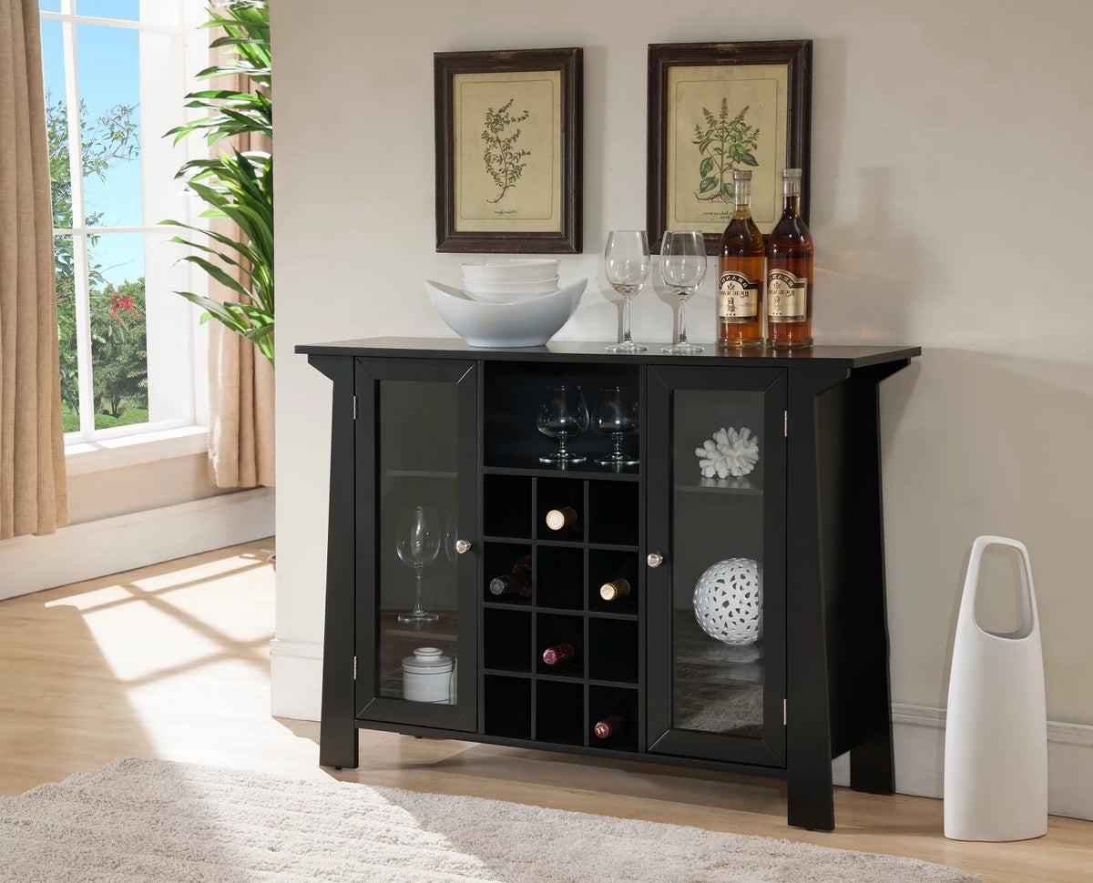 Black Wood & Glass Sideboard Buffet Bar Cabinet with Wine Rack H1129