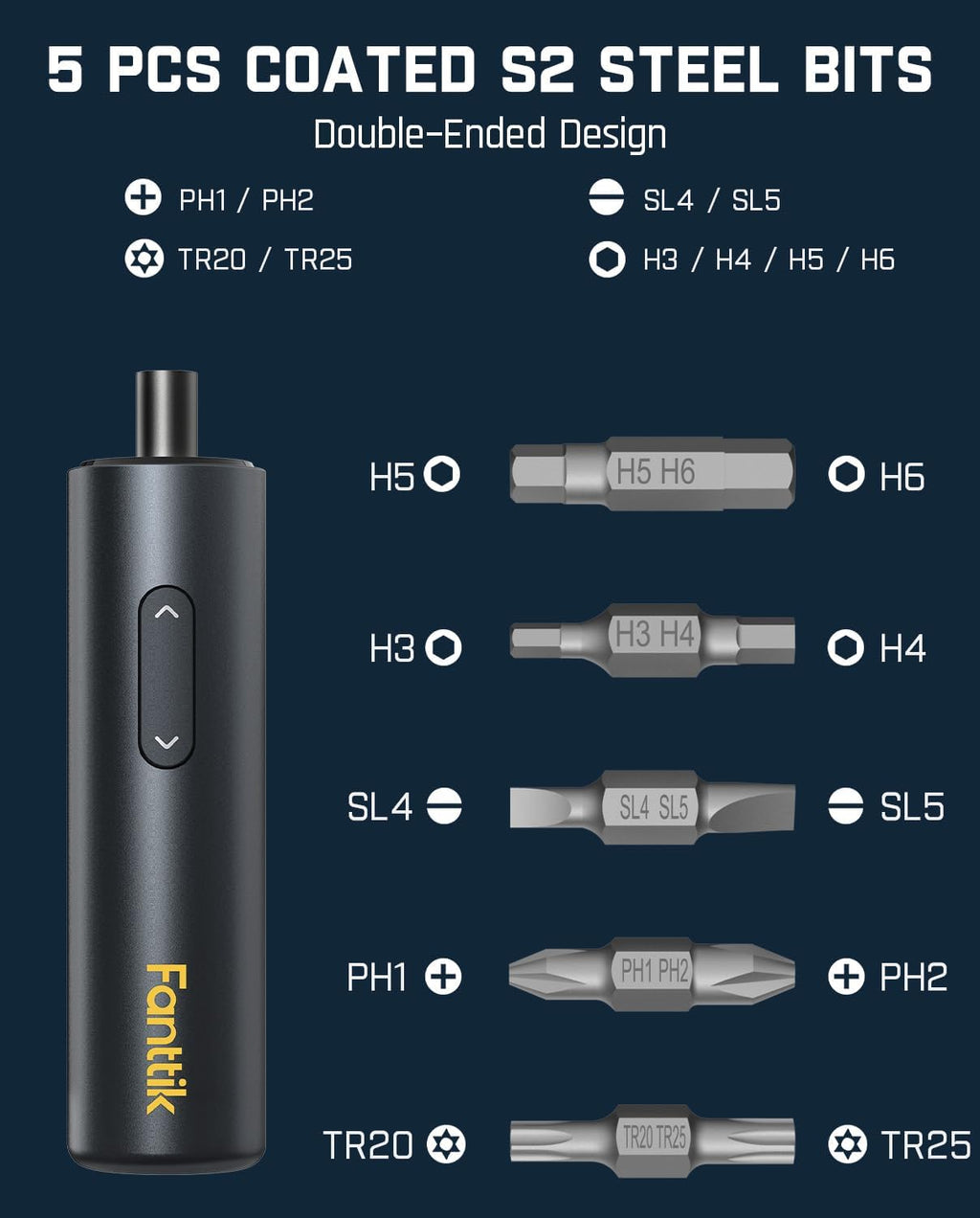 Cordless Electric Screwdriver, 5 Pcs Double-Ended Bits, 1/4'' Hex V9468
