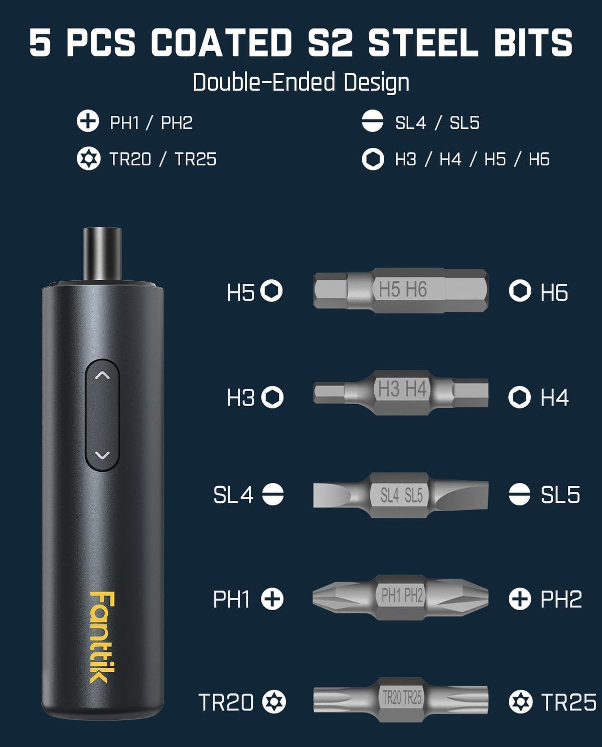 Cordless Electric Screwdriver, 5 Pcs Double-Ended Bits, 1/4'' Hex V9468