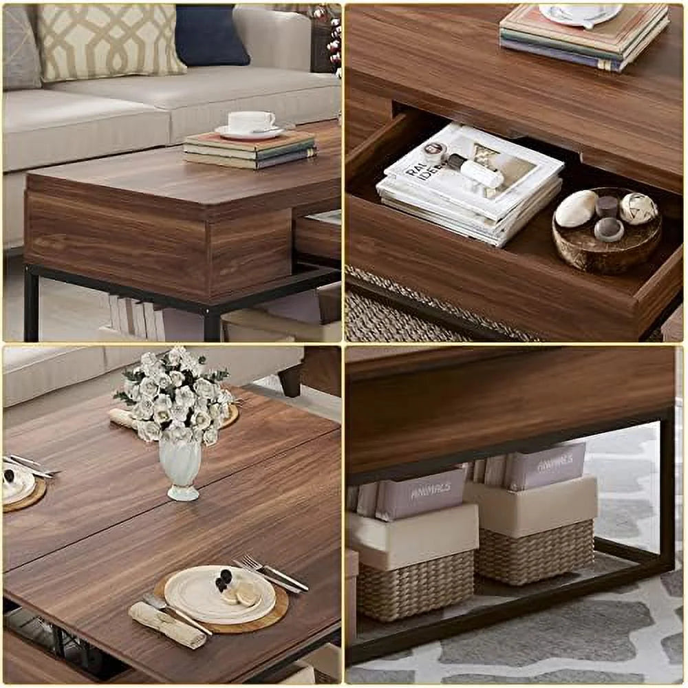 Lift Top Folding Coffee Table with Drawer Metal Frame D623