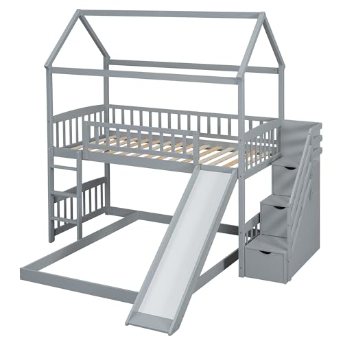 Twin Over Full Size Wood House Bunk Bed with Slide and Storage Steps Z160