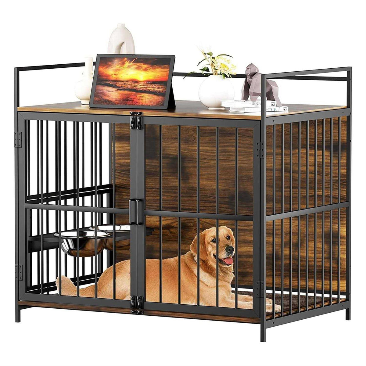 Large Dog Crate with 2 Stainless Steel Bowls E92839