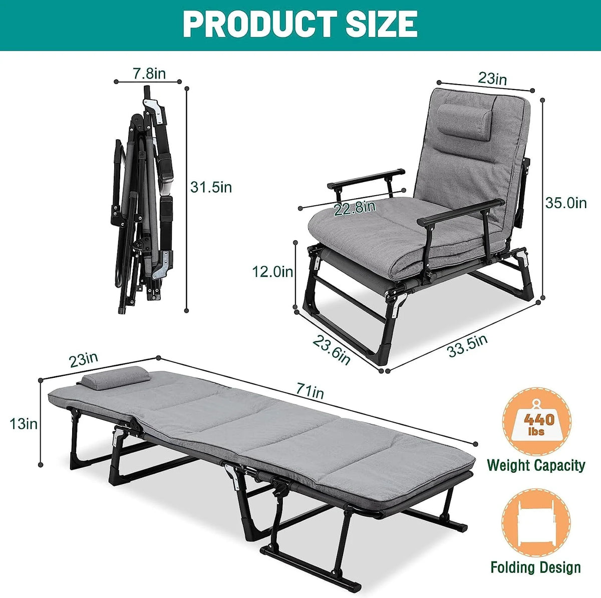 3 in 1 Folding Camping Cot Bed with Mattress & Pillow R7769