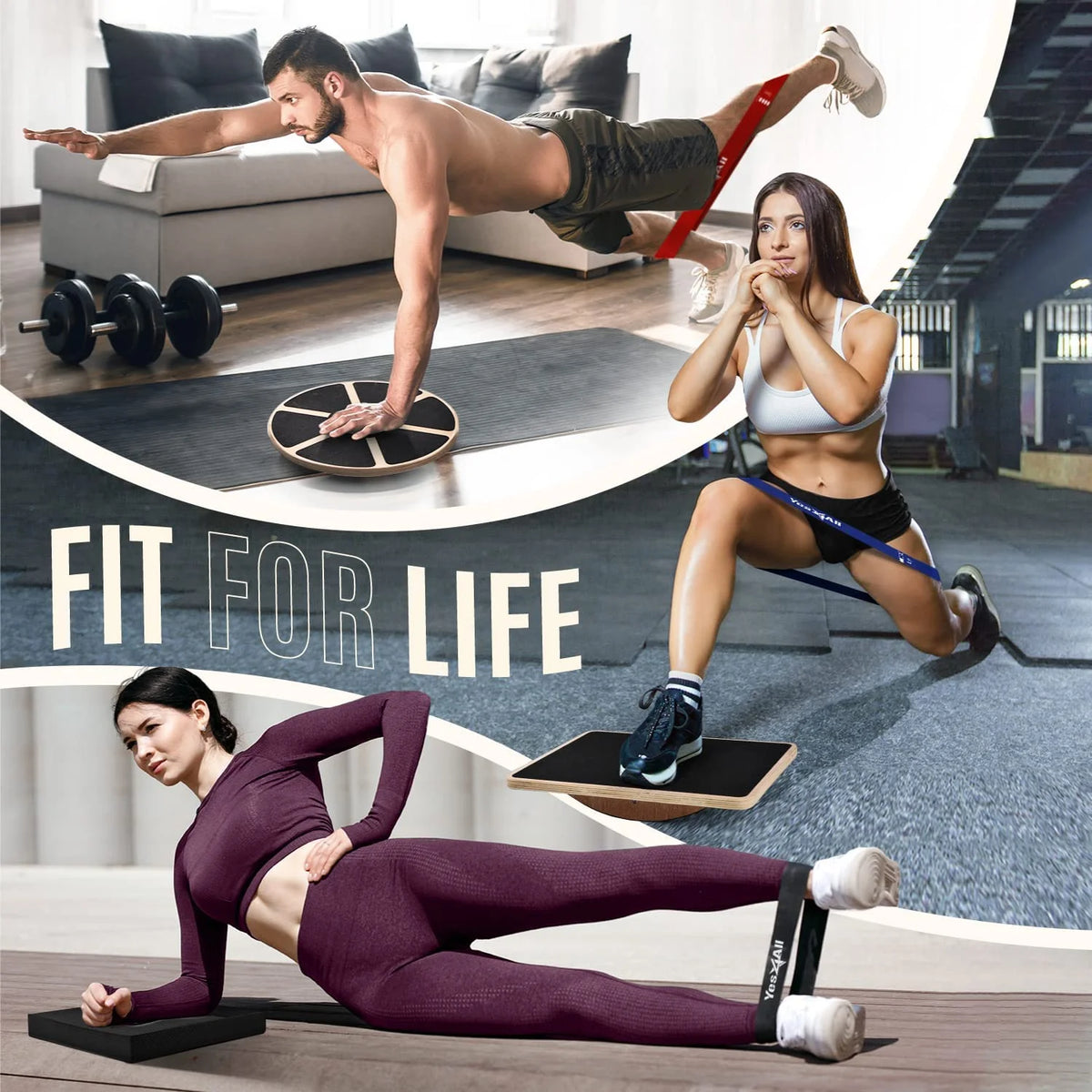 4-in-1 Wooden Wobble Balance Board Set with Balance Pad & Exercise Bands O43698