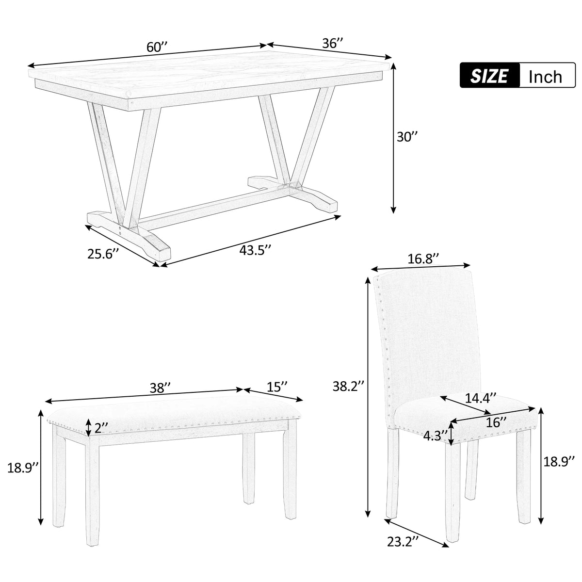 6-piece Dining Table with 4 Chairs & 1 Bench, White E52212