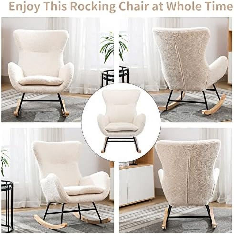 White Velvet Upholstered Glider Rocker Accent Chair with Side Pocket S496