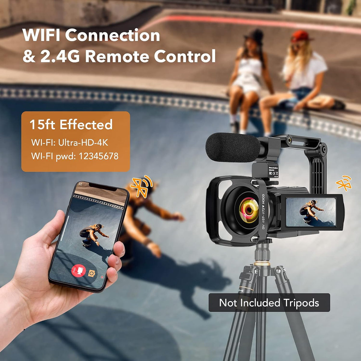 4K 60FPS 48MP Camcorder with Microphone and 2 Batteries V549315