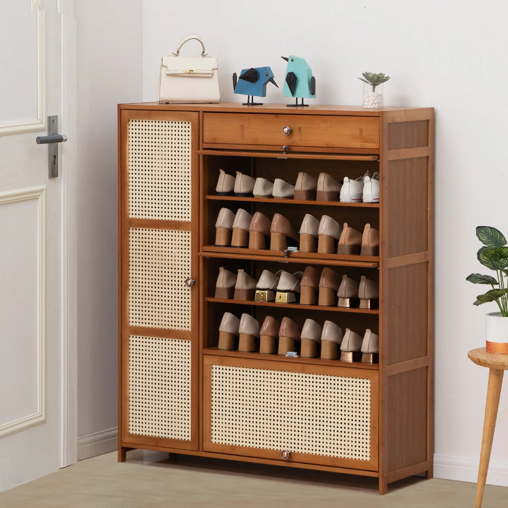 Bamboo 28 Pairs Shoe Cabinet with Rattan Doors and Boots Compartments I791