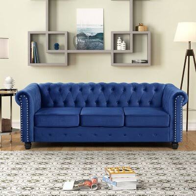 Blue Velvet Rolled Arm Chesterfield Sofa T5934