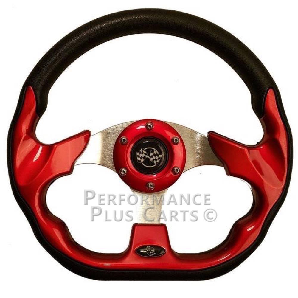 Red Golf Cart Steering Wheel with Chrome Adapter Hub O6140