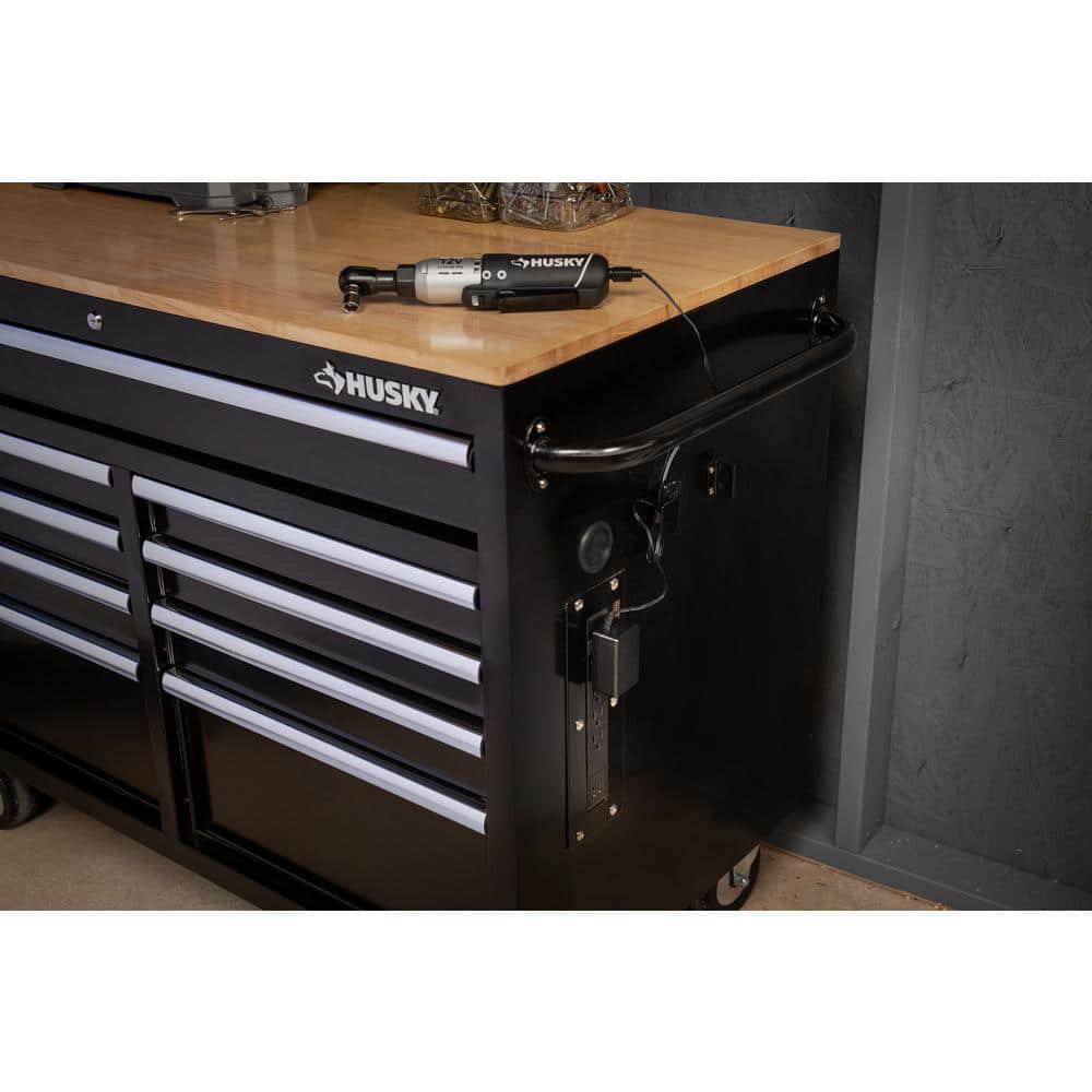 9-Drawer Mobile Workbench Cabinet with Solid Wood Top in Gloss Black A3241