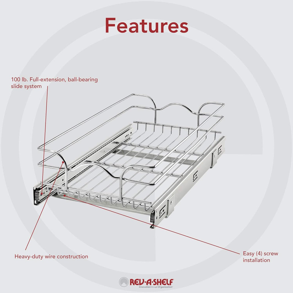 12 Inch x 22 Inch Single Wire Basket Pull Out Shelf Organizer R930