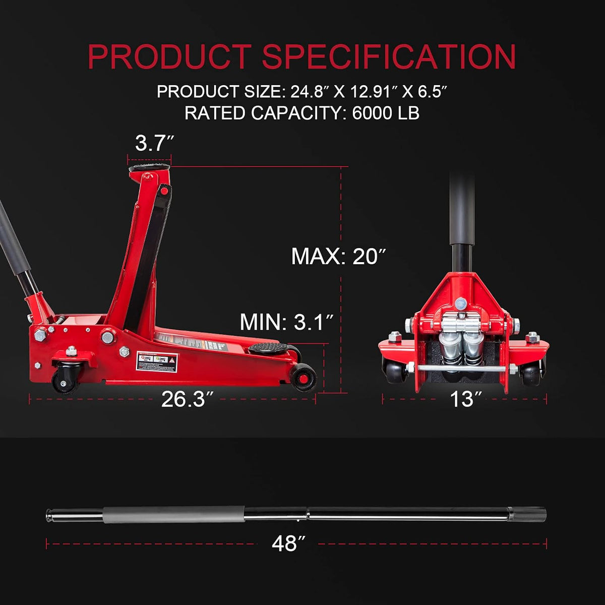 3 Ton Hydraulic Steel Floor Jack with Dual Piston Quick Lift Pump J9501