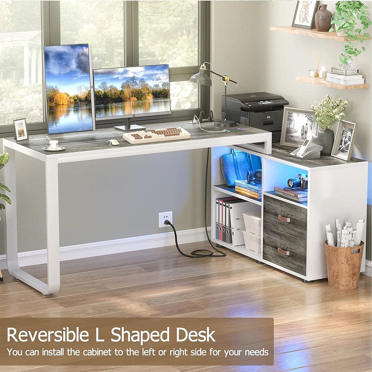 L Shaped Desk with Power Outlet and LED Strip, 55 Inch Reversible Corner Computer Desk with Drawers and Storage Shelves, Grey & White M5961