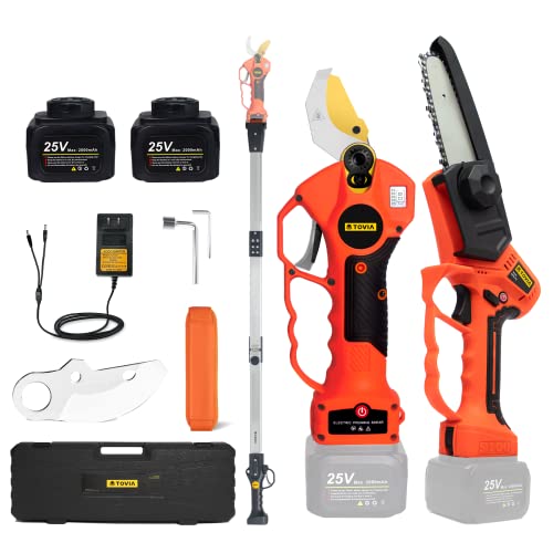 Cordless Electric Pruner Kit, 1.6 Inch Pruning Shears, 5 Inch Handheld Electric Chain Saw with 75 Inch Foldable Extension Pole, 2 Pack 25V Lithium Batteries, SK5 Blades R3276