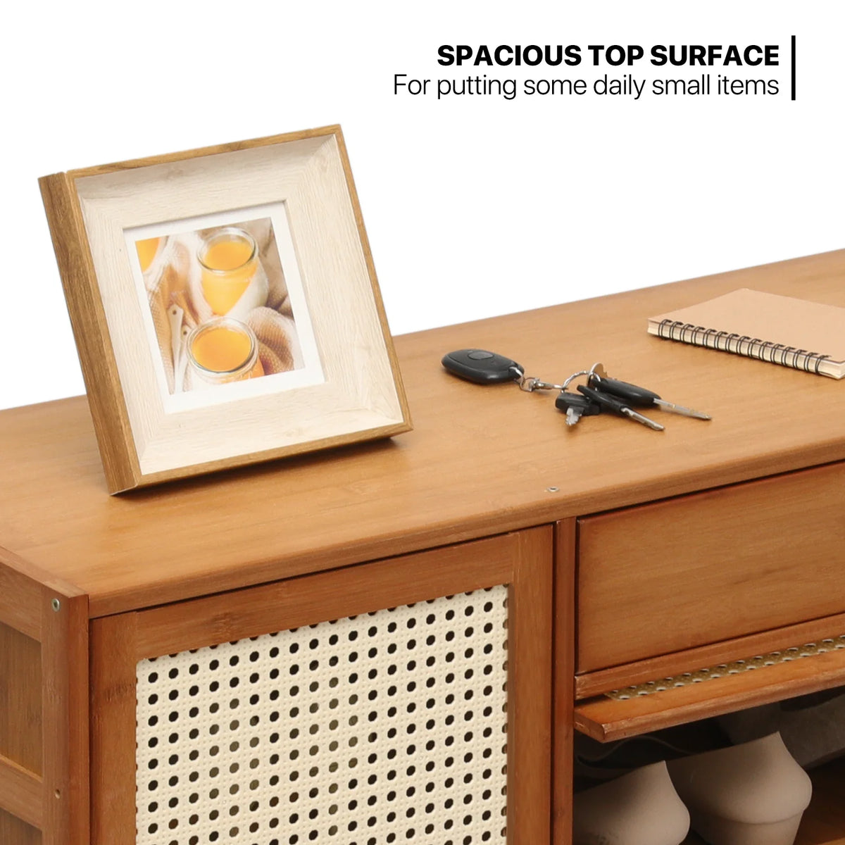 Bamboo 28 Pairs Shoe Cabinet with Rattan Doors and Boots Compartments I791
